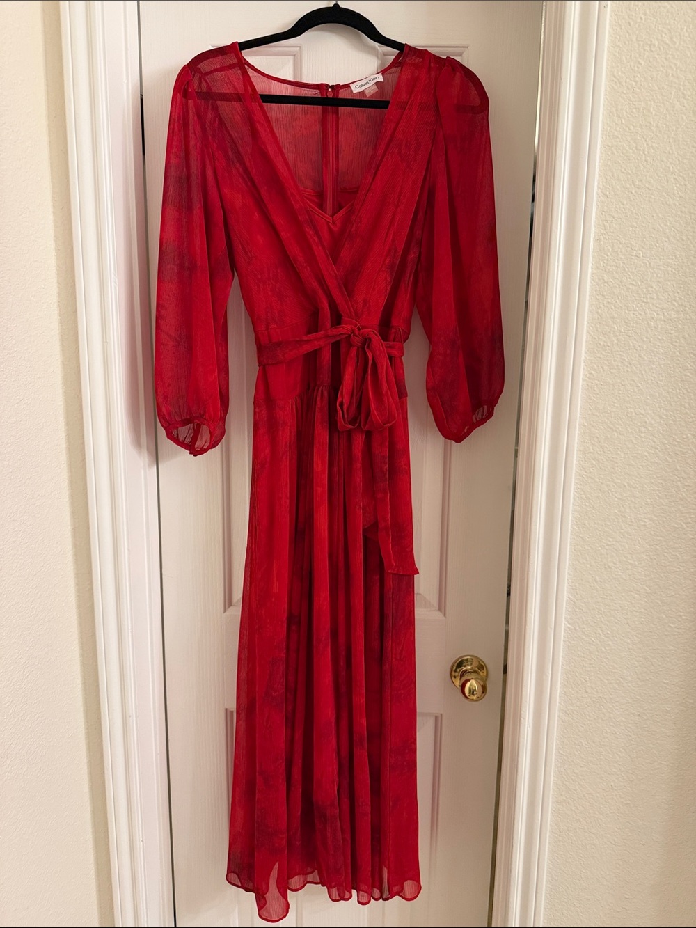 Calvin Klein Red Sheer Wrap Maxi Dress with Tie Waist